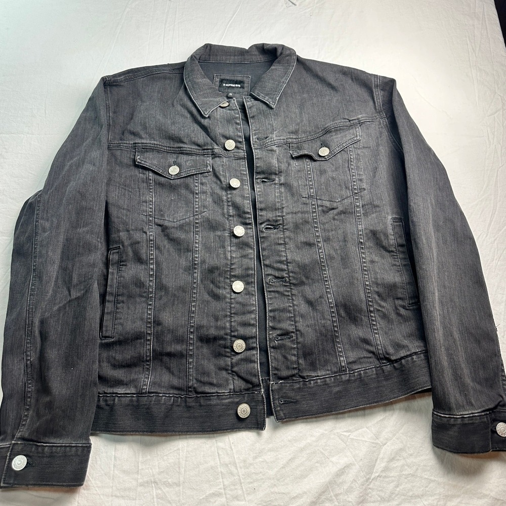 Express Mens XXL Black Denim Trucker Jacket Faded Wash Button Up Coat C-8